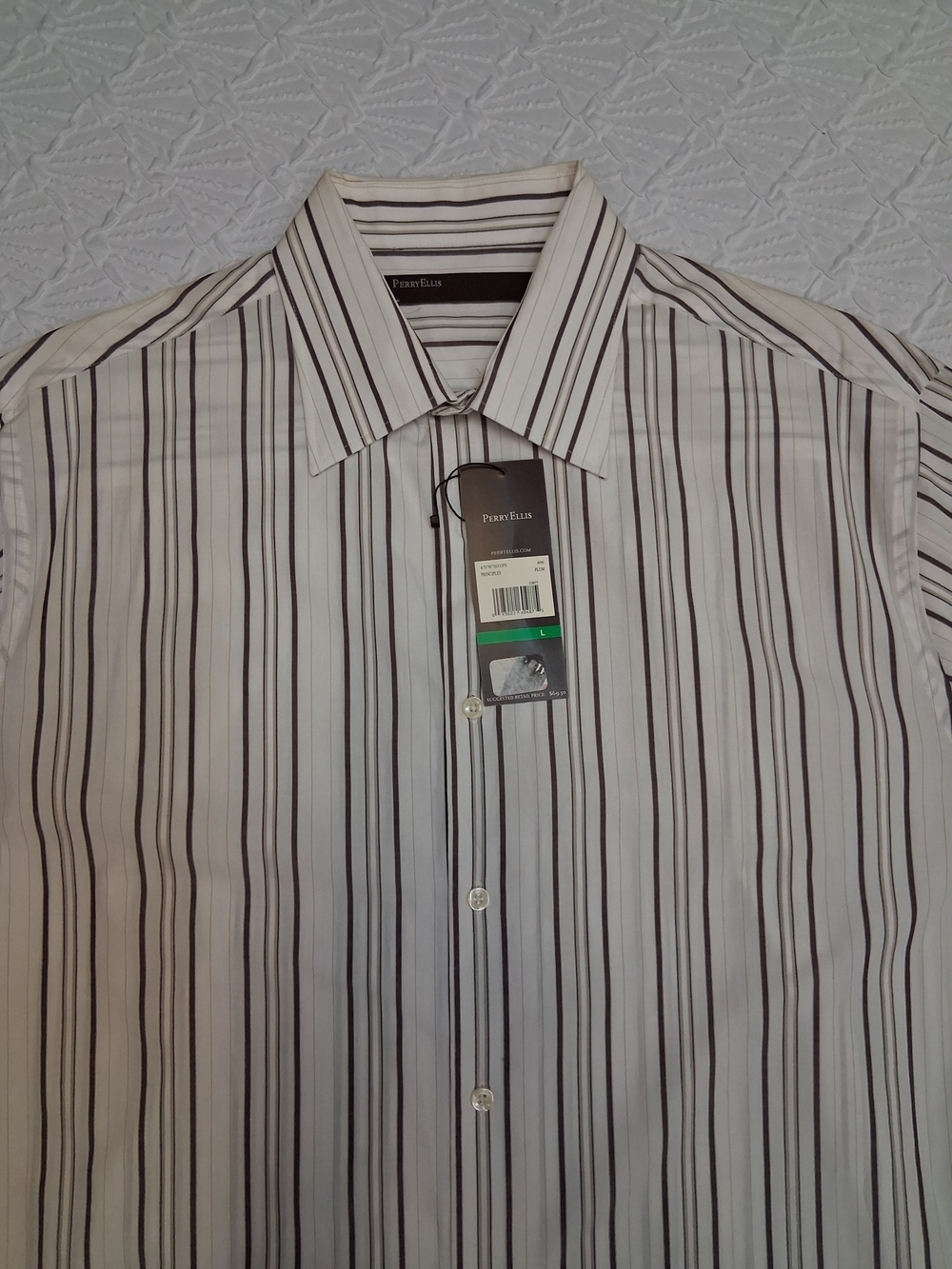 Perry Ellis Men’s White Shirt with Black and Gray Stripes